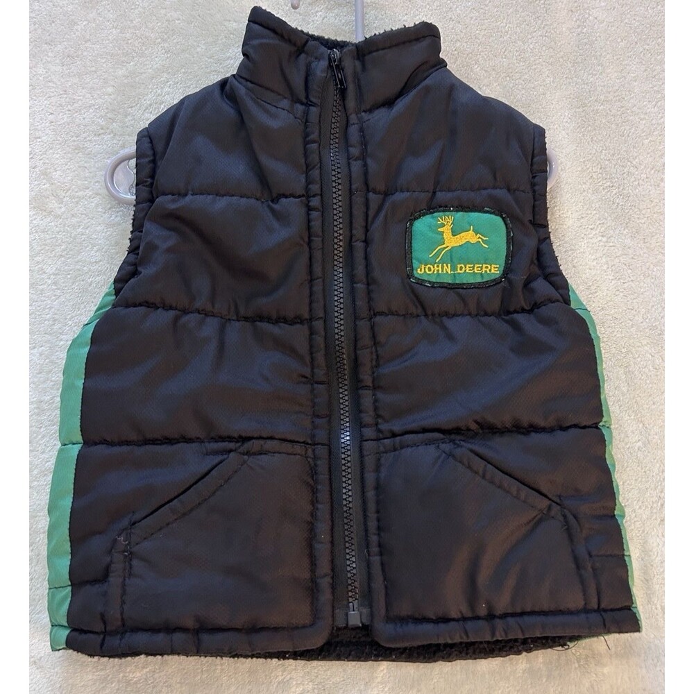 John Deere Kids Puffer Vest Size 4T ? Sherpa Lined Black Green Farm Tractor